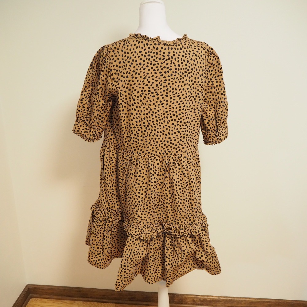 J.Crew Tiered Ruffle Neck Popover Mini Dress Medium‎ Leopard Polka Dot Cotton - Picture 4 of 13